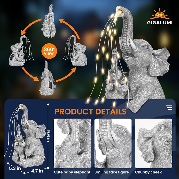 Gigalumi Solar Mother and Baby Elephant Garden Statue Light Decor Ornament Gift(1 Pack), Excluded from any Promotions