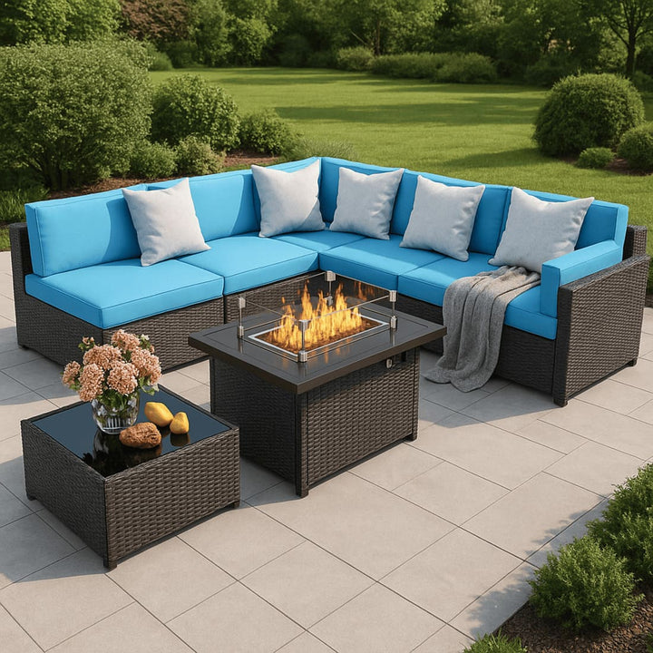Pamapic 7 Pieces Outdoor Sectional Couch Set with Fire Pit Table