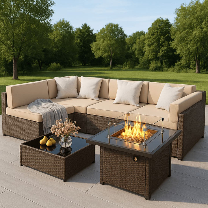 Pamapic 7 Pieces Outdoor Sectional Couch Set with Fire Pit Table