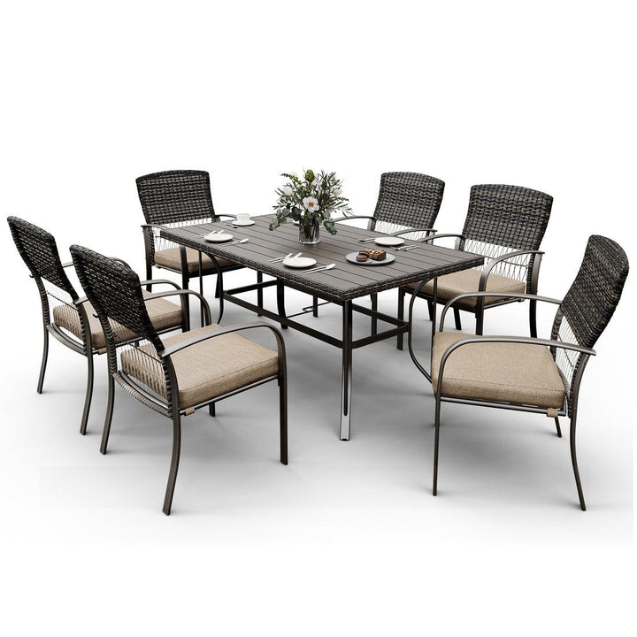 Pamapic Metal Outdoor Dining Sets for 6 with Iron Slats Table Top & Removable Cushion