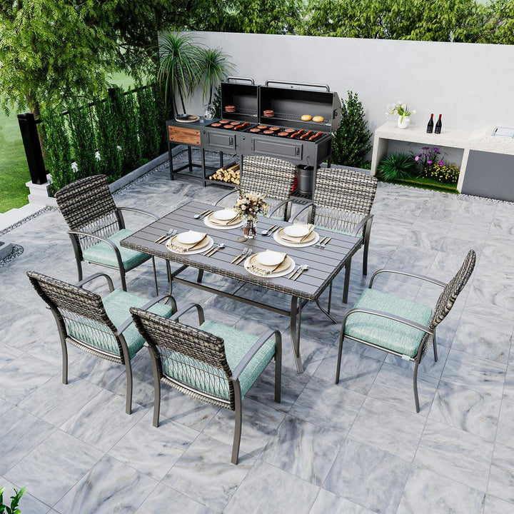 Pamapic Metal Outdoor Dining Sets for 6 with Iron Slats Table Top & Removable Cushion