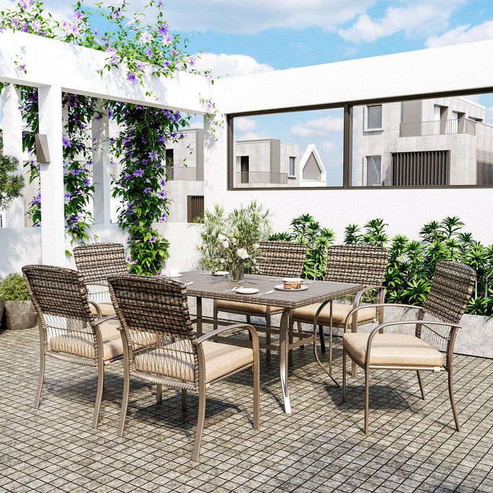 Pamapic Metal Outdoor Dining Sets for 6 with Iron Slats Table Top & Removable Cushion