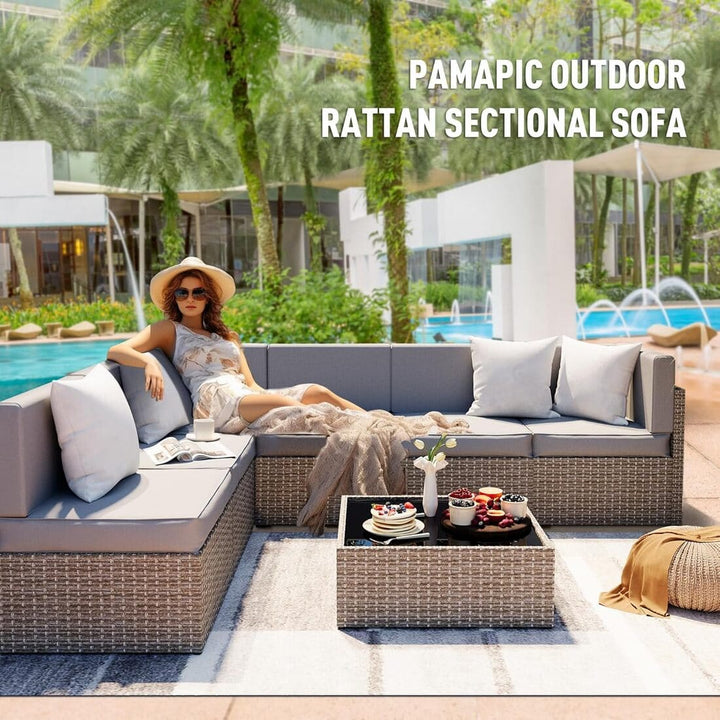 Pamapic Rattan Outdoor Sectional Couch Set  (7 Pieces)