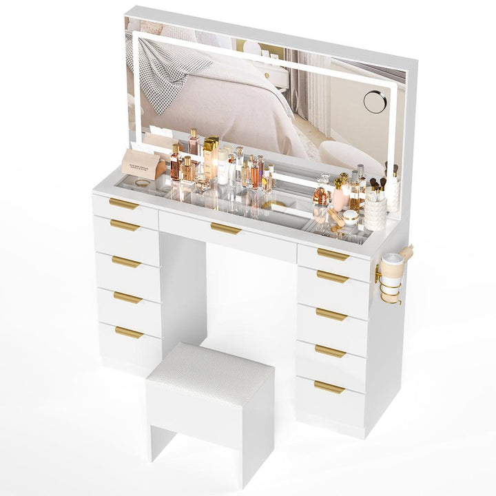 Pamapic Modern Glass Top Makeup 11 Drawers Vanity Desk with Mirror and Lights, White