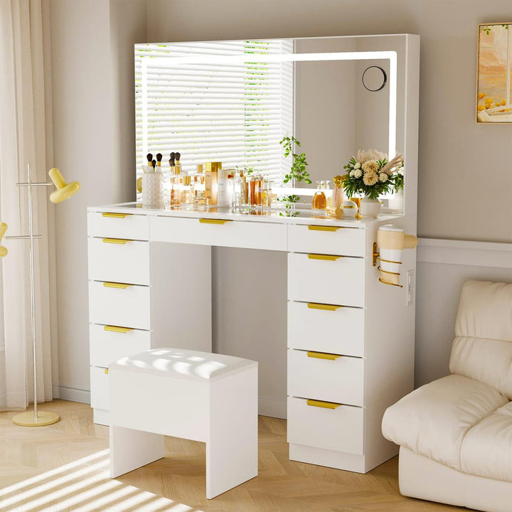 Pamapic Modern Glass Top Makeup 11 Drawers Vanity Desk with Mirror and Lights, White