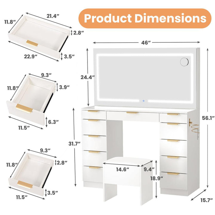 Pamapic Modern Glass Top Makeup 11 Drawers Vanity Desk with Mirror and Lights, White