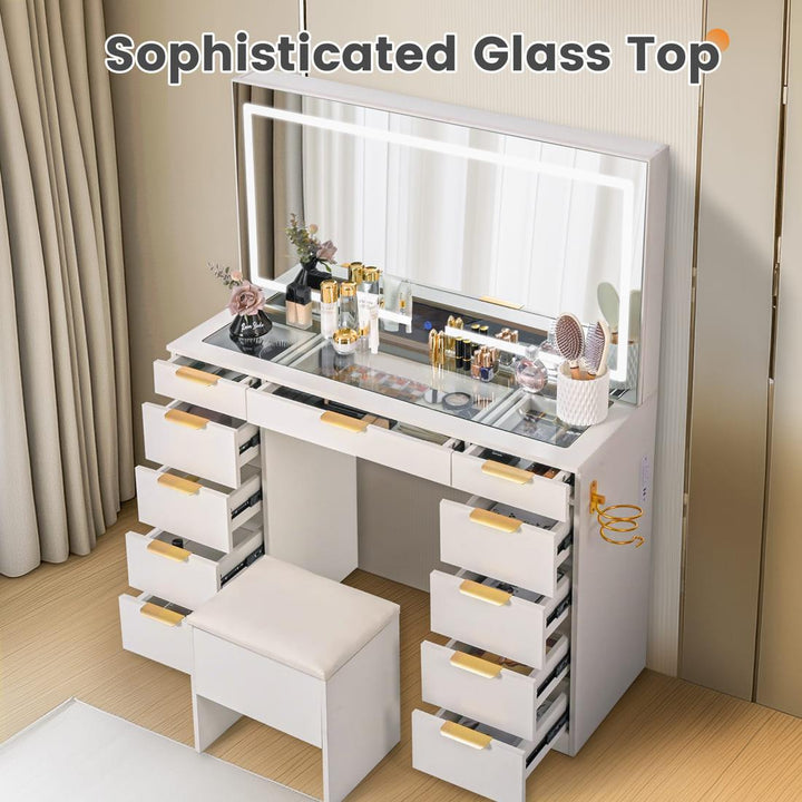Pamapic Modern Glass Top Makeup 11 Drawers Vanity Desk with Mirror and Lights, White