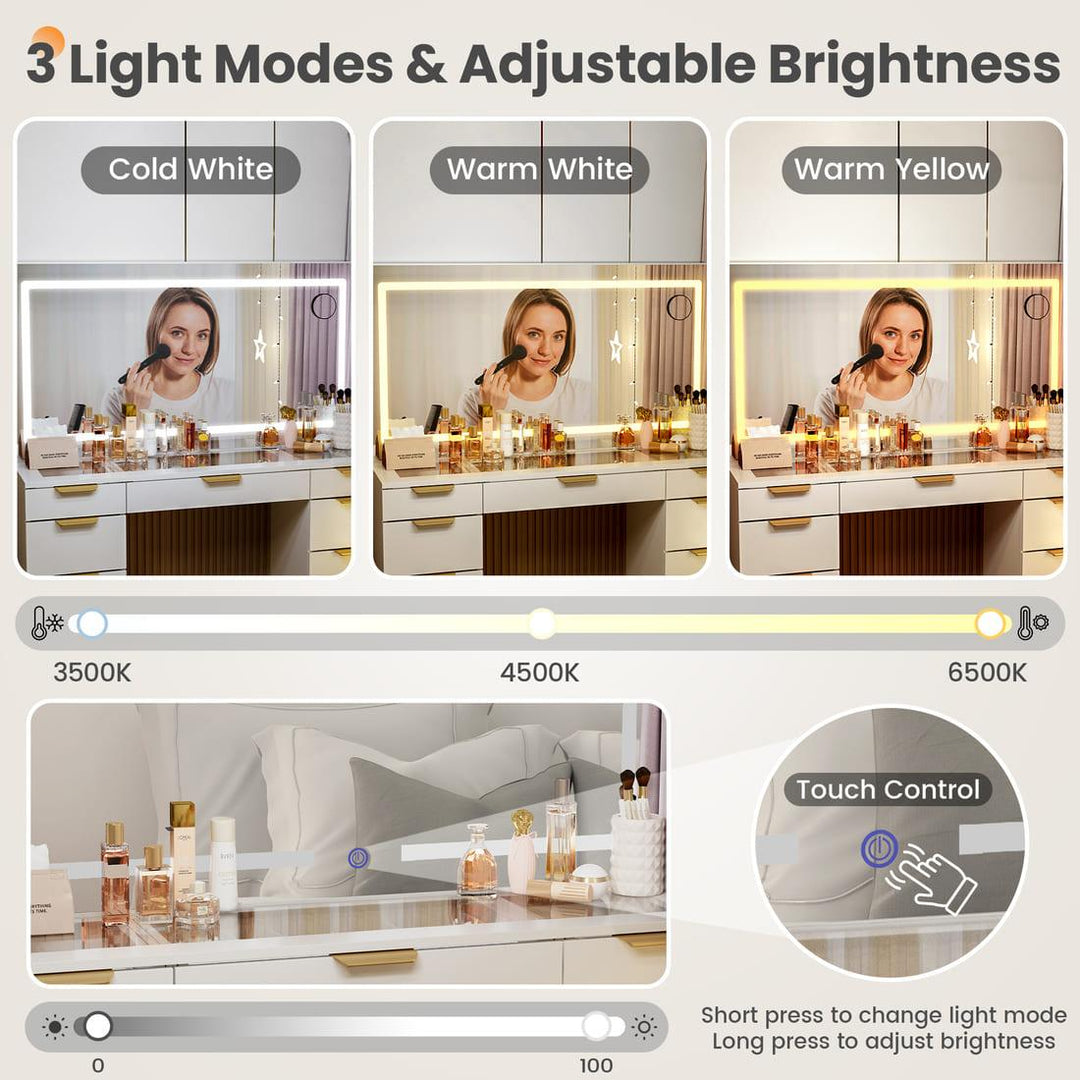 Pamapic Modern Glass Top Makeup 11 Drawers Vanity Desk with Mirror and Lights, White