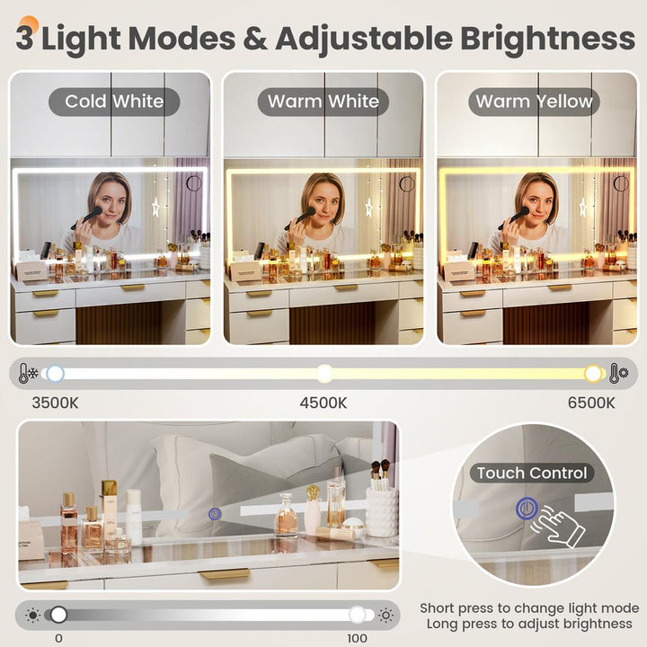 Pamapic Modern Glass Top Makeup 11 Drawers Vanity Desk with Mirror and Lights, White