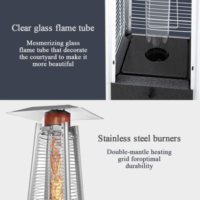 This heater has a clear glass flame tube and stainless steel burners